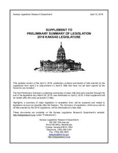Supplement to Preliminary Summary of Legislation 2018 Kansas Legislature
