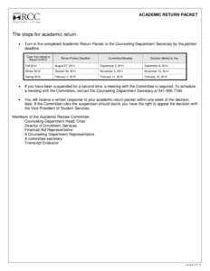 ACADEMIC RETURN PACKET  The steps for academic return: •  Turn in the completed Academic Return Packet to the Counseling Department Secretary by the petition