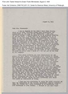 From John Tasker Howard to Evelyn Foster Morneweck, August 4, 1933 Foster Hall Collection, CAM.FHC[removed], Center for American Music, University of Pittsburgh. From John Tasker Howard to Evelyn Foster Morneweck, August