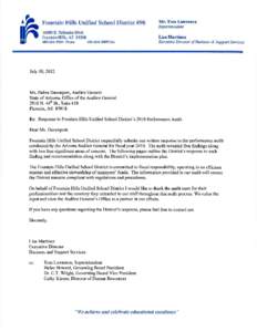 Fountain Hills Unified School District #98 Responses to Performance Audit Findings Finding 1 District has addressed some of its higher administrative costs, but can do more. Recommendation