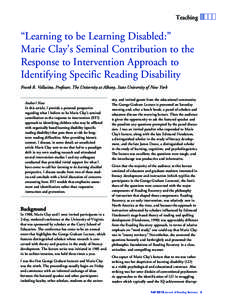 Teaching  “Learning to be Learning Disabled:” Marie Clay’s Seminal Contribution to the Response to Intervention Approach to Identifying Specific Reading Disability