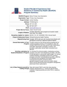 STudent/Resident Experience And Rotations in Community Health (SEARCH) Progran Summary