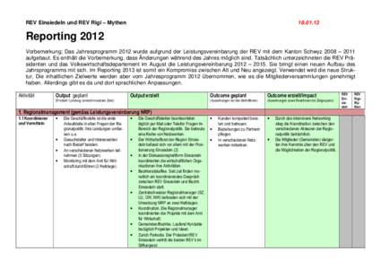 REV Einsiedeln und REV Rigi – Mythen[removed]Reporting 2012 Vorbemerkung: Das Jahresprogramm 2012 wurde aufgrund der Leistungsvereinbarung der REV mit dem Kanton Schwyz 2008 – 2011