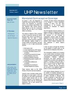 September 2011 Volume 1, Issue 2 UHP Newsletter Mandated Contraceptive Coverage