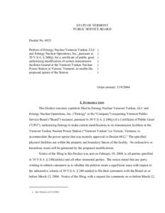 STATE OF VERMONT PUBLIC SERVICE BOARD Docket No[removed]Petition of Entergy Nuclear Vermont Yankee, LLC and Entergy Nuclear Operations, Inc., pursuant to