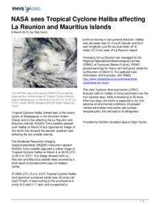 NASA sees Tropical Cyclone Haliba affecting La Reunion and Mauritius islands