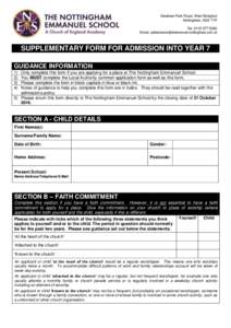 Gresham Park Road, West Bridgford Nottingham, NG2 7YF TelEmail:   SUPPLEMENTARY FORM FOR ADMISSION INTO YEAR 7