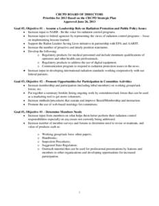 CRCPD BOARD OF DIRECTORS Priorities for 2013 Based on the CRCPD Strategic Plan Approved June 26, 2013 Goal #5, Objective #1 – Assume a Leadership Role on Radiation Protection and Public Policy Issues  Increase input