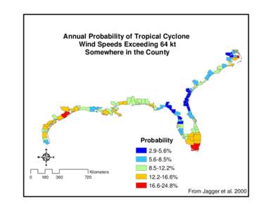 Annual Probability of Tropical Cyclone Wind Speeds Exceeding 64 kt Somewhere in the County Probability%