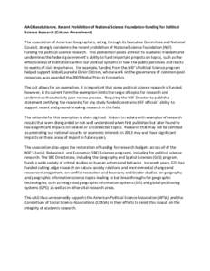 AAG Resolution re. Recent Prohibition of National Science Foundation Funding for Political Science Research (Coburn Amendment) The Association of American Geographers, acting through its Executive Committee and National 