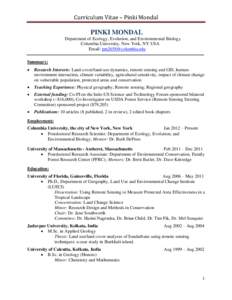 Curriculum Vitae – Pinki Mondal  PINKI MONDAL Department of Ecology, Evolution, and Environmental Biology Columbia University, New York, NY USA Email: [removed]