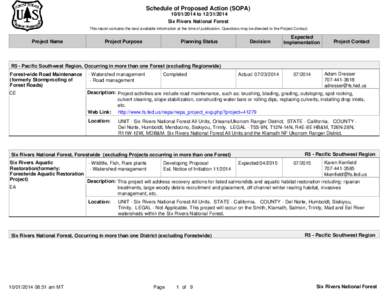 Schedule of Proposed Action (SOPA[removed]to[removed]Six Rivers National Forest This report contains the best available information at the time of publication. Questions may be directed to the Project Contact.  Pr