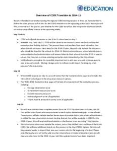 Overview of CODE Transition to[removed]Based on feedback we received during the regional CODE training sessions in June, we have decided to follow the same process as last year for the CODE transition to the upcoming sch