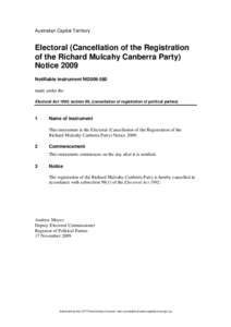 Australian Capital Territory  Electoral (Cancellation of the Registration of the Richard Mulcahy Canberra Party) Notice 2009 Notifiable instrument NI2009-580