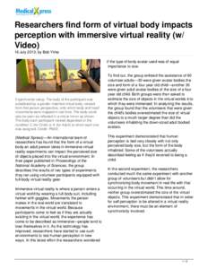 Researchers find form of virtual body impacts perception with immersive virtual reality (w/ Video)