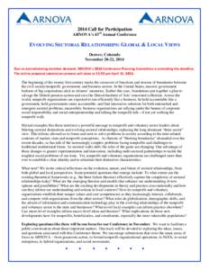 2014 Call for Participation ARNOVA’s 43rd Annual Conference EVOLVING SECTORAL RELATIONSHIPS: GLOBAL & LOCAL VIEWS Denver, Colorado November 20-22, 2014