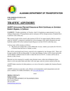 a ne Cls ALABAMA DEPARTMENT OF TRANSPORTATION FOR IMMEDIATE RELEASE April 10, 2015