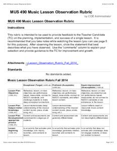 MUS 490 Music Lesson Observation Rubric