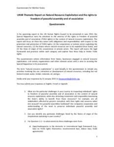 Questionnaire for Member States  UNSR Thematic Report on Natural Resource Exploitation and the rights to freedom of peaceful assembly and of association Questionnaire