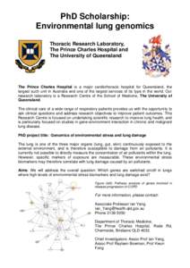 PhD Scholarship: Environmental lung genomics Thoracic Research Laboratory, The Prince Charles Hospital and The University of Queensland