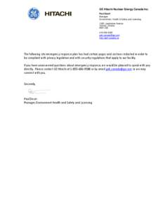 GE Hitachi Nuclear Energy Canada Inc. Paul Desiri Manager Environment, Health & Safety and Licensing 1025 Lansdowne Avenue Toronto, Ontario