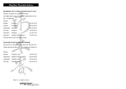 WingTsun Timetable Sydney  WingTsun Timetable Sydney WingTsun Timetable Sydney