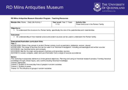 RD Milns Antiquities Museum Education Program - Teaching Resources Module title: Rome - Daily Life Activity 1 Year Level: Year 7/ Years 11/12