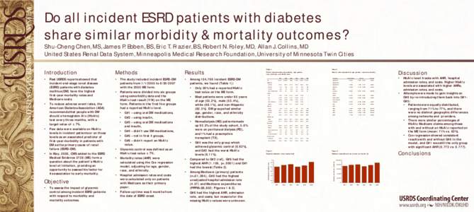 Do all incident ESRD patients with diabetes share similar morbidity & mortality outcomes? Shu-Cheng Chen, MS, James P. Ebben, BS, Eric T. Frazier, BS, Robert N. Foley, MD, Allan J. Collins, MD United States Renal Data Sy