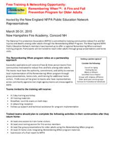 Free Training & Networking Opportunity: Remembering When™: A Fire and Fall Prevention Program for Older Adults Hosted by the New England NFPA Public Education Network Representatives March 30-31, 2015
