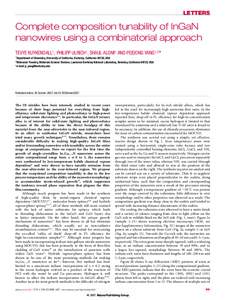 LETTERS  Complete composition tunability of InGaN nanowires using a combinatorial approach TEVYE KUYKENDALL1 , PHILIPP ULRICH1 , SHAUL ALONI2 AND PEIDONG YANG1,2 * 1