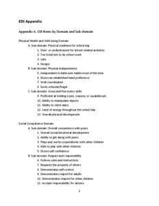 EDI Appendix Appendix A. EDI Items by Domain and Sub-domain Physical Health and Well-being Domain A. Sub-domain: Physical readiness for school day 1. Over- or underdressed for school-related activities 2. Too tired/sick 