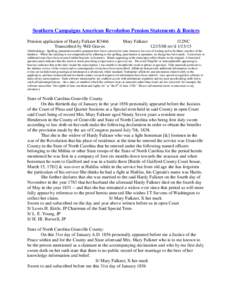 Southern Campaigns American Revolution Pension Statements & Rosters Pension application of Hardy Falkner R3466 Transcribed by Will Graves Mary Falkner