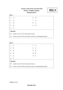 Territory-wide System Assessment 2011 Primary 3 English Language Marking Scheme Part 1 1.