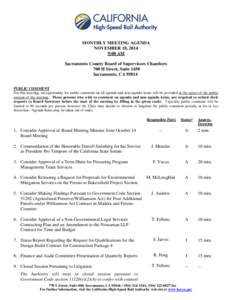 MONTHLY MEETING AGENDA NOVEMBER 18, 2014 9:00 AM Sacramento County Board of Supervisors Chambers 700 H Street, Suite 1450 Sacramento, CA 95814