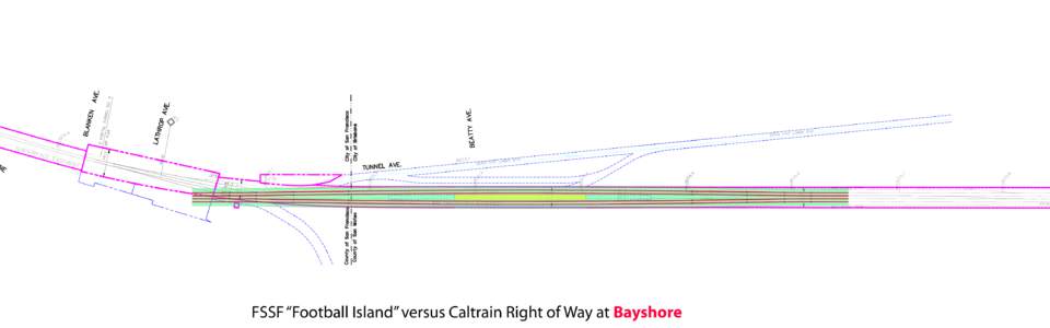 FSSF “Football Island” versus Caltrain Right of Way at Bayshore  FSSF “Football Island” versus Caltrain Right of Way at South San Francisco FSSF “Football Island” versus Caltrain Right of Way at San Bruno