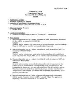 POSTED[removed]TOWN OF MILLVILLE Town Council Meeting November 10, [removed]:00 p.m.) AGENDA 1. Call Meeting to Order