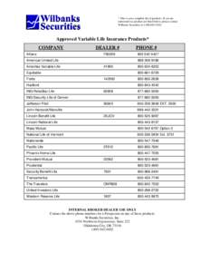 * This is not a complete list of products. If you are interested in a product not listed below, please contact Wilbanks Securities at[removed]Approved Variable Life Insurance Products* COMPANY