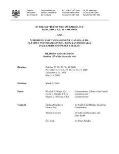 Reasons and Decision: In the Matter of Norshield Asset Management (Canada) LTD., Olympus United Group Inc., John Xanthoudakis, Dale Smith and Peter Kefalas