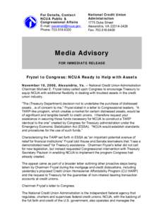 Media Advisory - Fryzel to Congress: NCUA Ready to Help with Assets