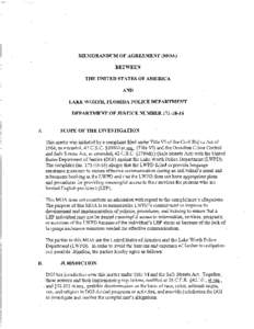 MEMORANDUM OF AGREEMENT (MOA) BETWEEN THE UNITED STATES OF AMERICA AND LAKE WORTH, FLORIDA POLICE DEPARTMENT DEPARTMENT OF JUSTICE NUMBER[removed]