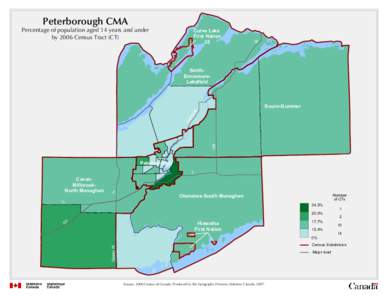 Peterborough CMA Percentage of population aged 14 years and under by 2006 Census Tract (CT) Curve Lake First Nation