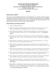 CITY OF APALACHICOLA  PLANNING & ZONING BOARD QUASI-JUDICIAL PUBLIC HEARING & REGULAR MEETING MONDAY, May 11th, 2015 Community Center/City Hall – 1 Bay Avenue