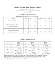 Newborn Screening Quality Assurance Program Quality Control Specimen Certification Lot[removed]T4; Lot[removed]TSH; Lot[removed]OHP Set 1- January 12, 2015  T4, TSH and 17-OHP METHOD: FIA