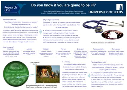 Do you know if you are going to be ill? Samantha Crossfield, supervisors: Susan Clamp, Owen Johnson Yorkshire Centre for Health Informatics, Leeds Institute of Health Sciences We’ve all heard that...