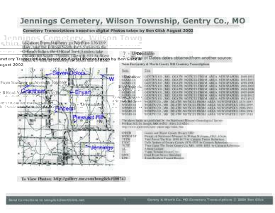 Jennings Cemetery, Wilson Township, Gentry Co., MO Cemetery Transcriptions based on digital Photos taken by Ben Glick August 2002 Location: From Stanberry go North onHwy, take the B Road North for 5.5 miles to t