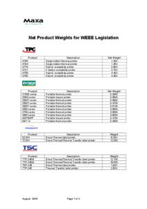 Net Product Weights for WEEE Legislation  Product