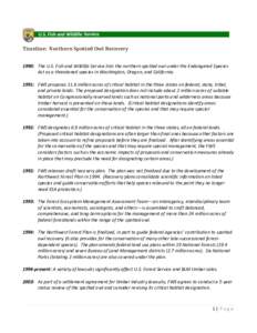Timeline: Northern Spotted Owl Recovery 1990: The U.S. Fish and Wildlife Service lists the northern spotted owl under the Endangered Species Act as a threatened species in Washington, Oregon, and California. 1991: FWS pr