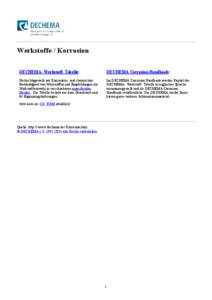 Werkstoffe / Korrosion DECHEMA- Werkstoff- Tabelle: DECHEMA Corrosion Handbook:  Nachschlagewerk zur Korrosions- und chemischen