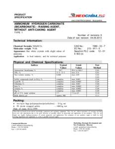 PRODUCT SPECIFICATION 6403 DIMITROVGRAD - BULGARIA AMMONIUM HYDROGEN CARBONATE (BICARBONATE) – RAISING AGENT,