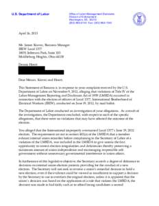 U.S. Department of Labor  Office of Labor-Management Standards Division of Enforcement Washington, DC[removed]0143 Fax: ([removed]